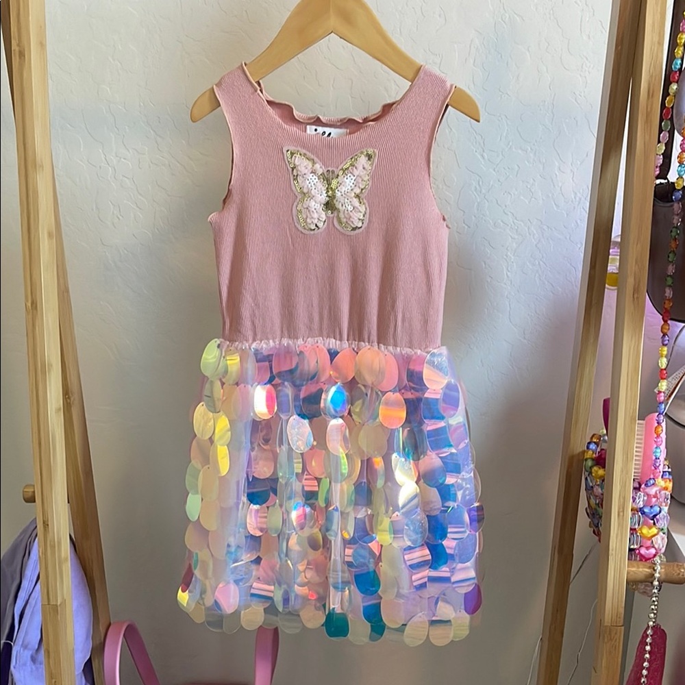 Girls Pink Butterfly Dress with Iridescent Skirt